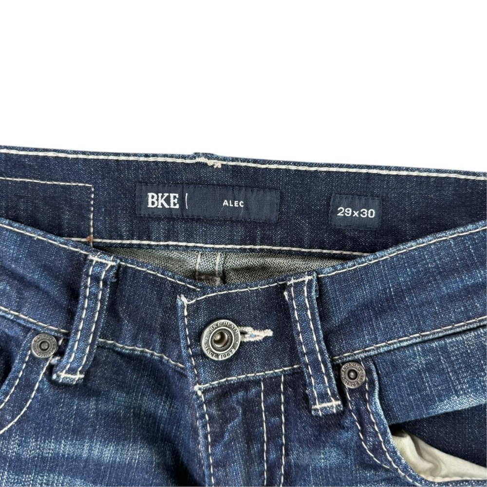 BKE Alec Jeans Mens 29x30 Dark Wash Slim Straight Contrast Stitch Nice Fade